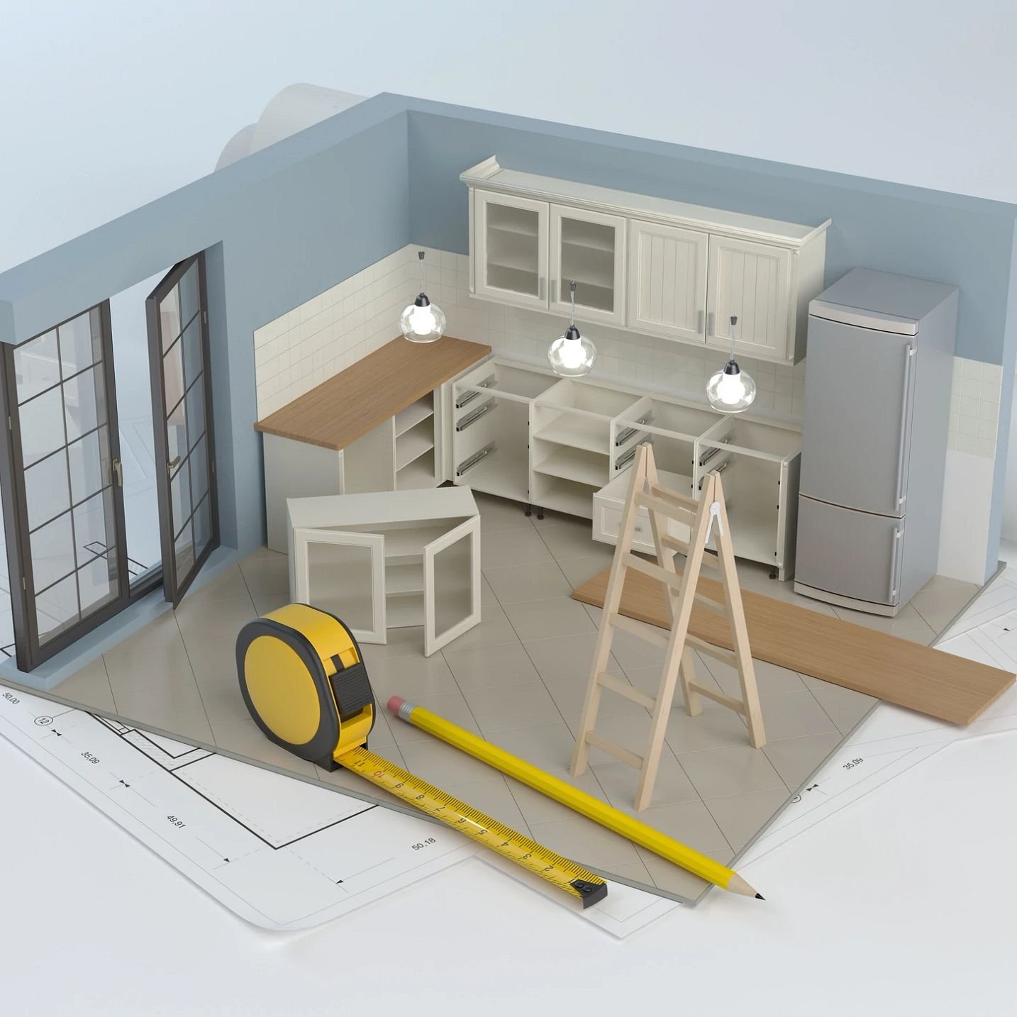 Diorama model of kitchen under construction - Carpet World of Martinsburg in WV